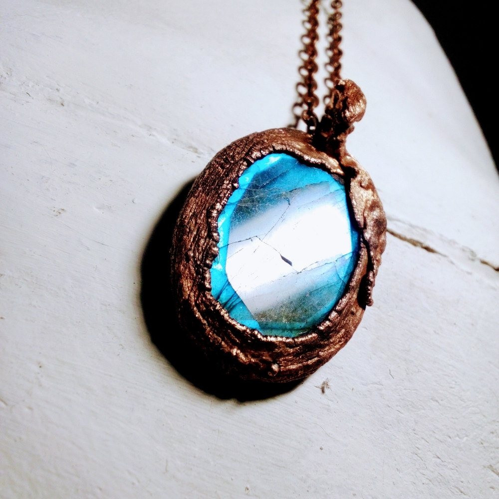 Oval Faceted Labradorite & Electroformed Copper Pendant